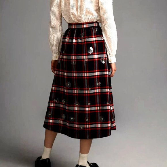 Anthropologie Maeve 8 NWT Embellished Plaid Midi Skirt Sequins Tartan Red Black - Picture 2 of 8